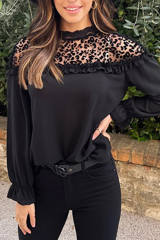 Black Leopard Mesh Long Sleeve Blouse WS RTS