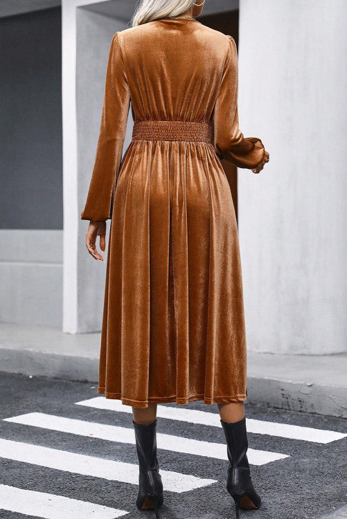 Camel Wrap Velvet Midi Dress RTS