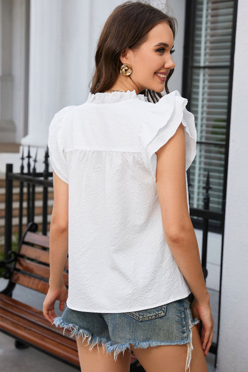 White Ruffle Accent Flutter Top RTS