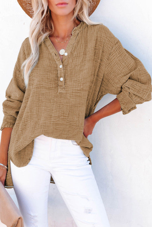 Brown Crinkle Loose Henley Top RTS