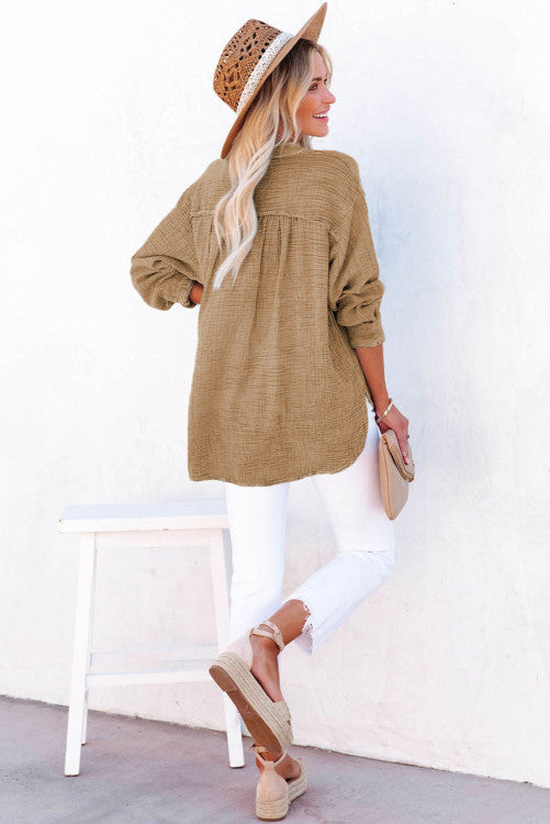 Brown Crinkle Loose Henley Top RTS