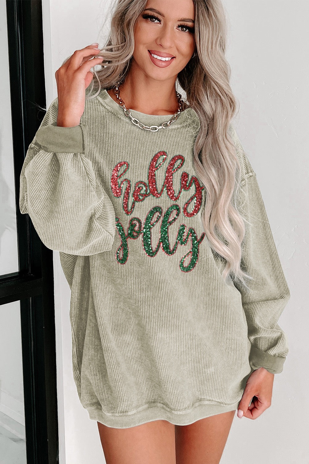 Green Sequined Holly Jolly Corded Sweatshirt WS RTS