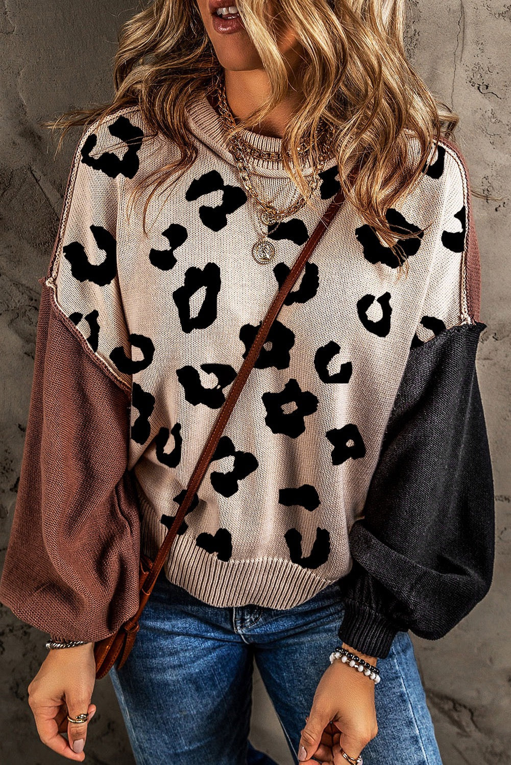 Coffee Leopard Print Color-block Sweater WS RTS