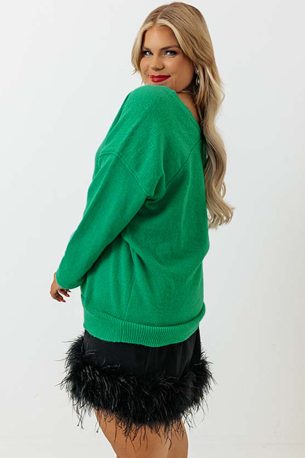 Plus Size Green V Neck Sweater WS RTS