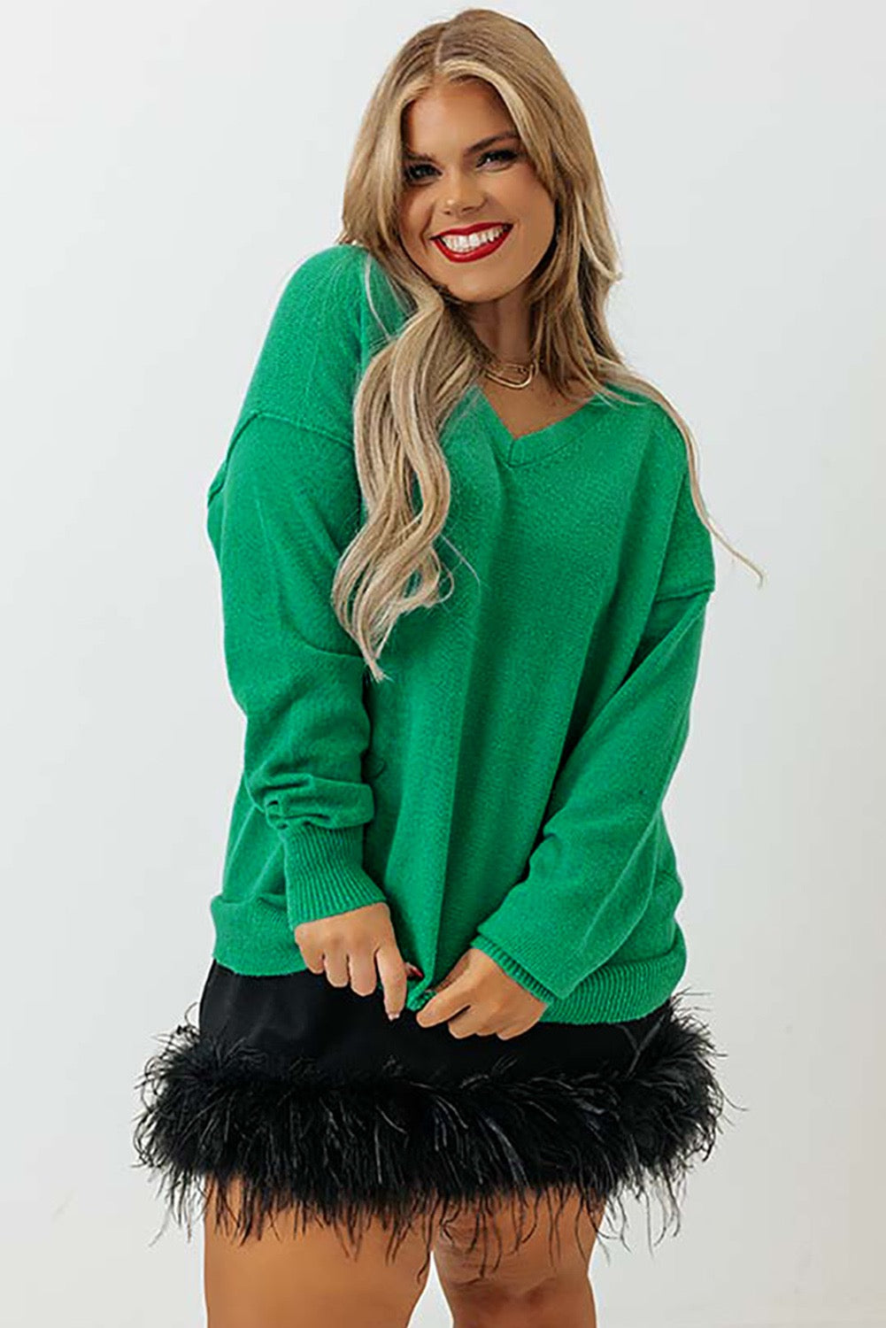 Plus Size Green V Neck Sweater WS RTS