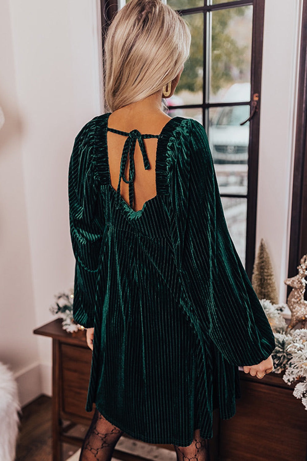 Green Tie Back Velvet Dress WS RTS