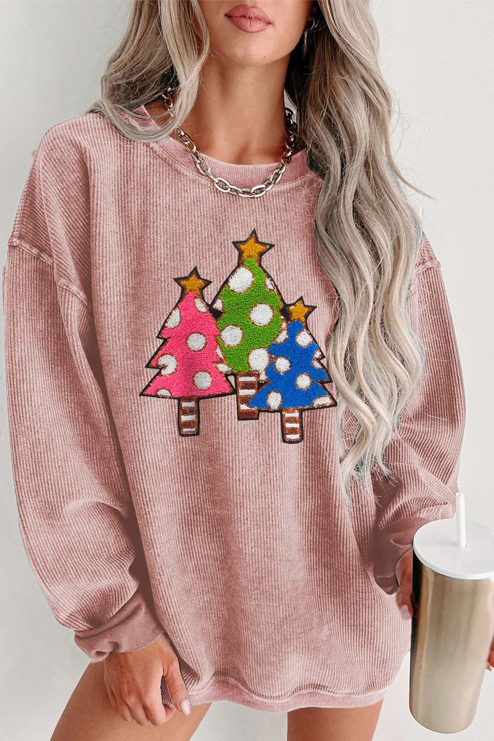 Pink Corded Christmas Tree Sweatshirt WS RTS