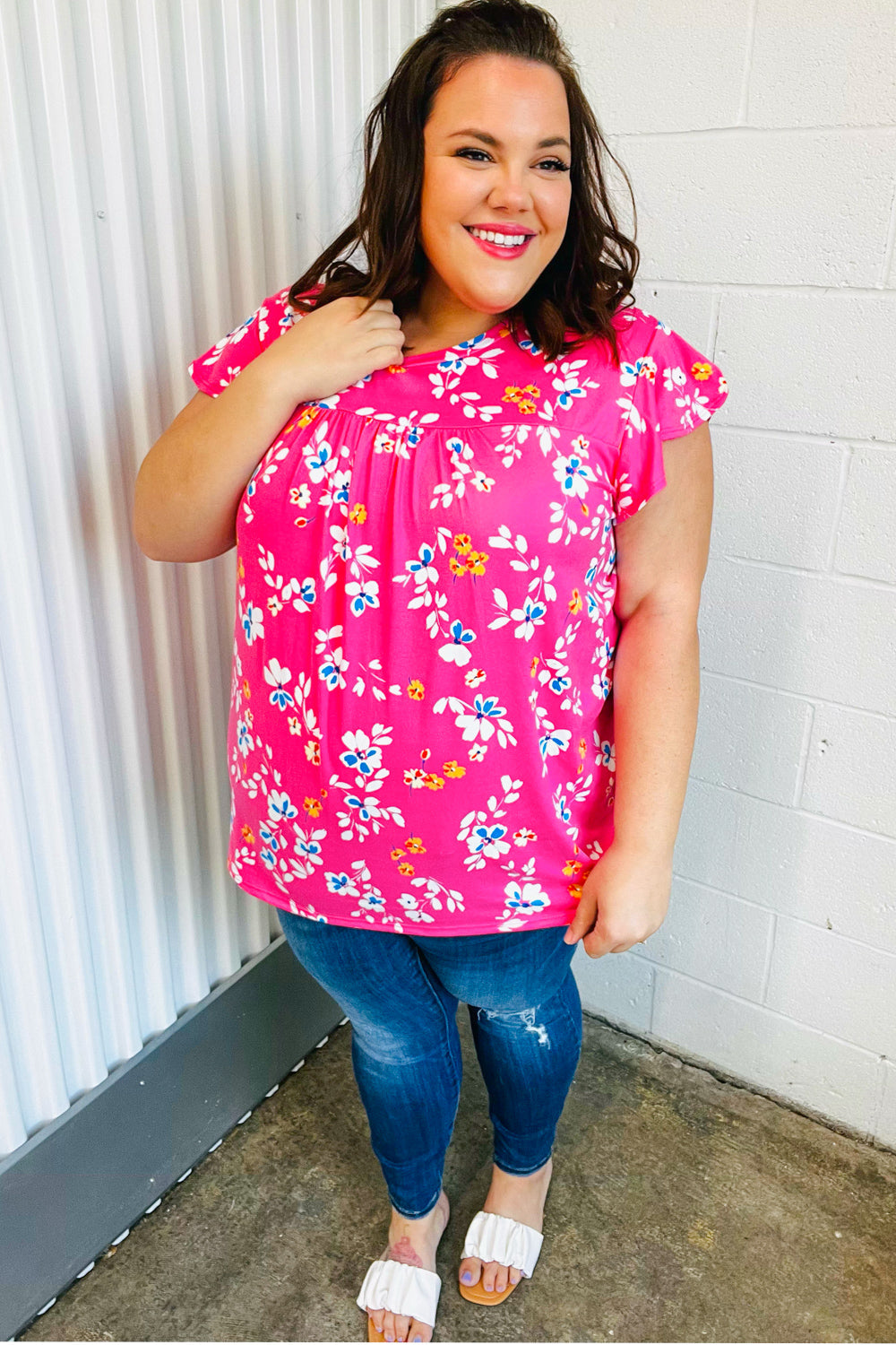 Pink Floral Print Ruffle Short Sleeve Yoke Top