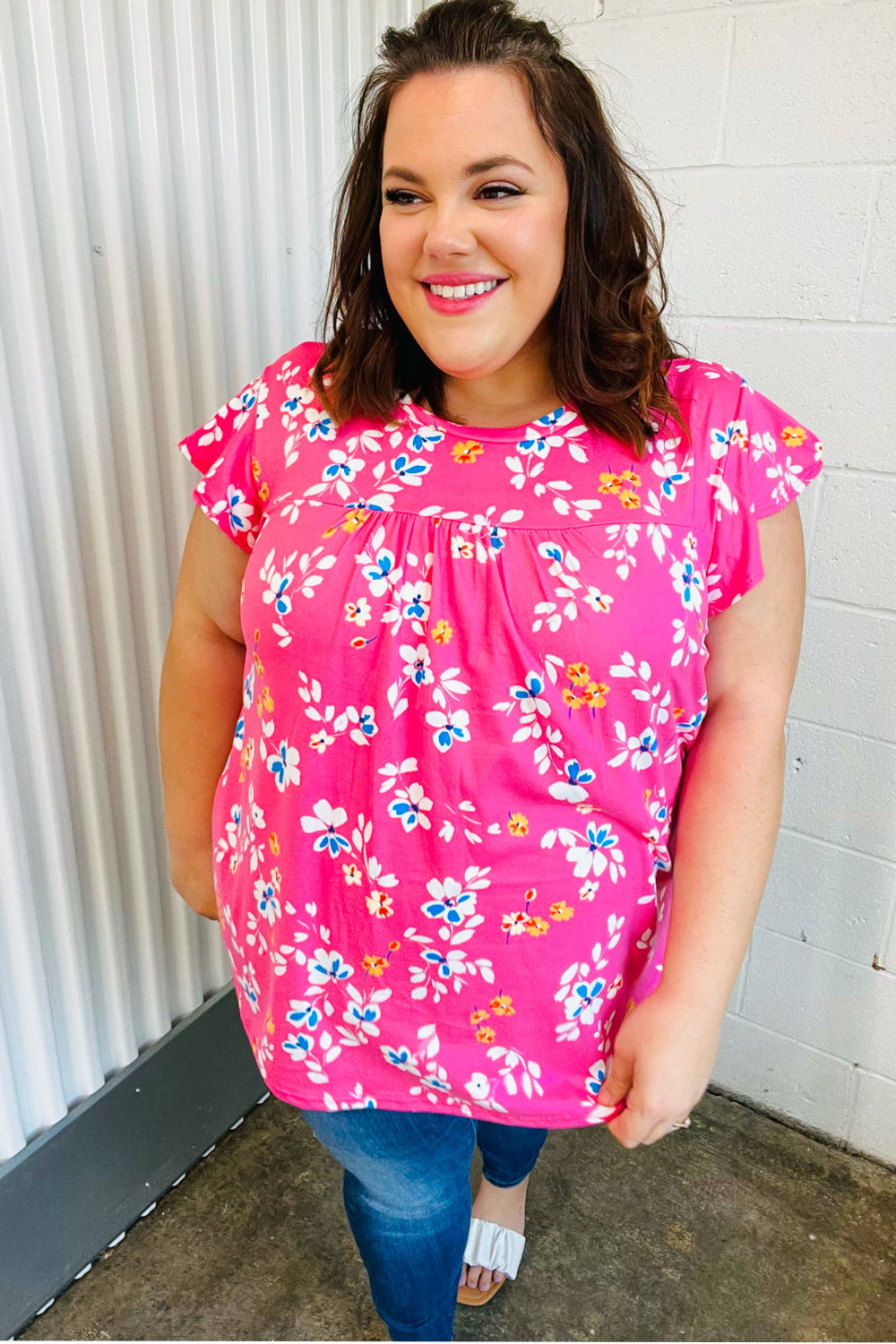 Pink Floral Print Ruffle Short Sleeve Yoke Top