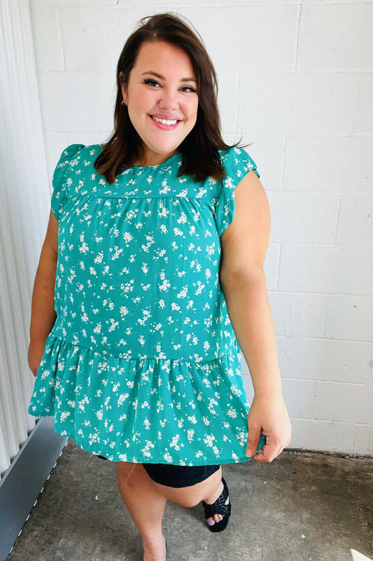 Teal Floral Yoke Flutter Sleeve Keyhole Back Top